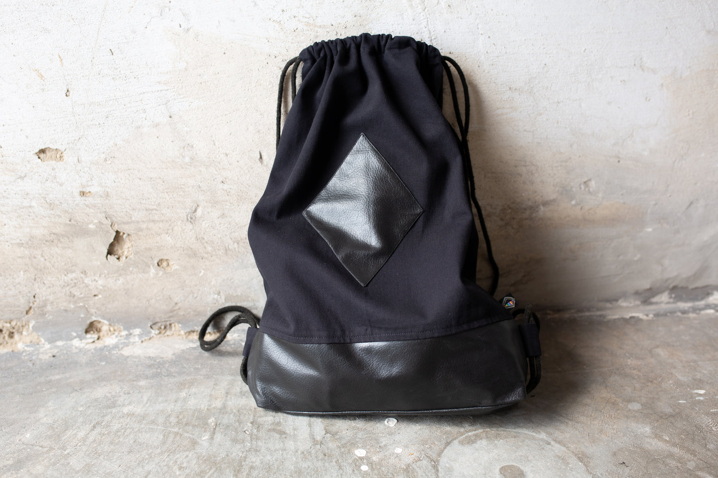 Drawstring Backpack - made of cotton, with synthetic leather elements - black