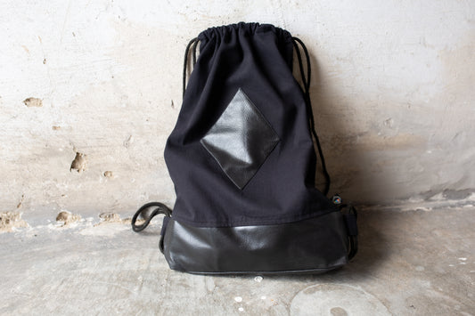 Drawstring Backpack - made of cotton, with synthetic leather elements - black