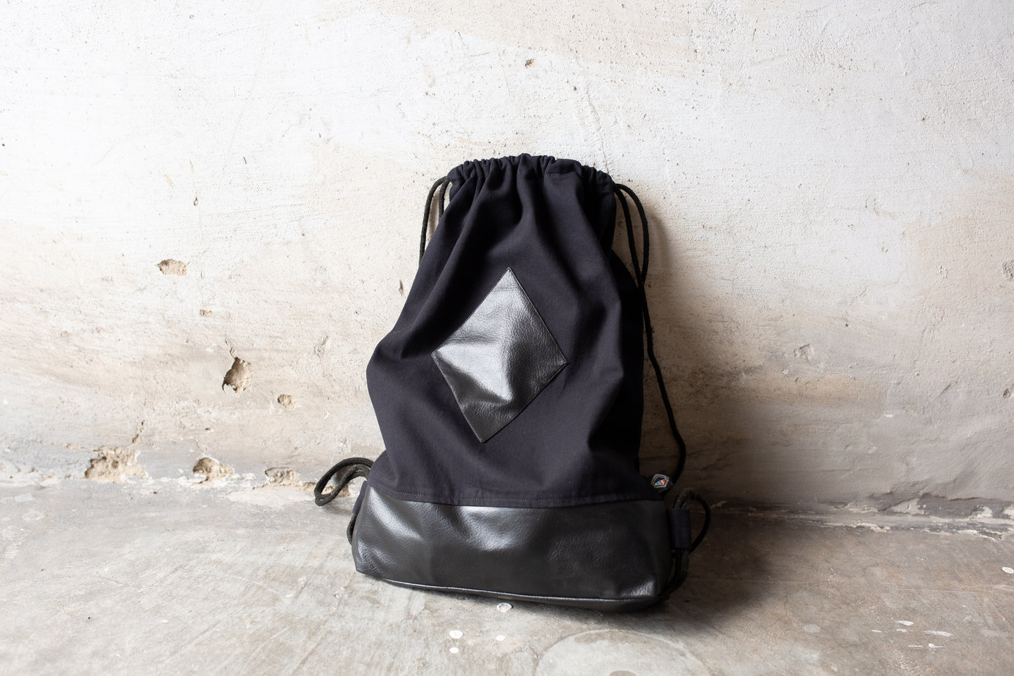 Drawstring Backpack - made of cotton, with synthetic leather elements - black