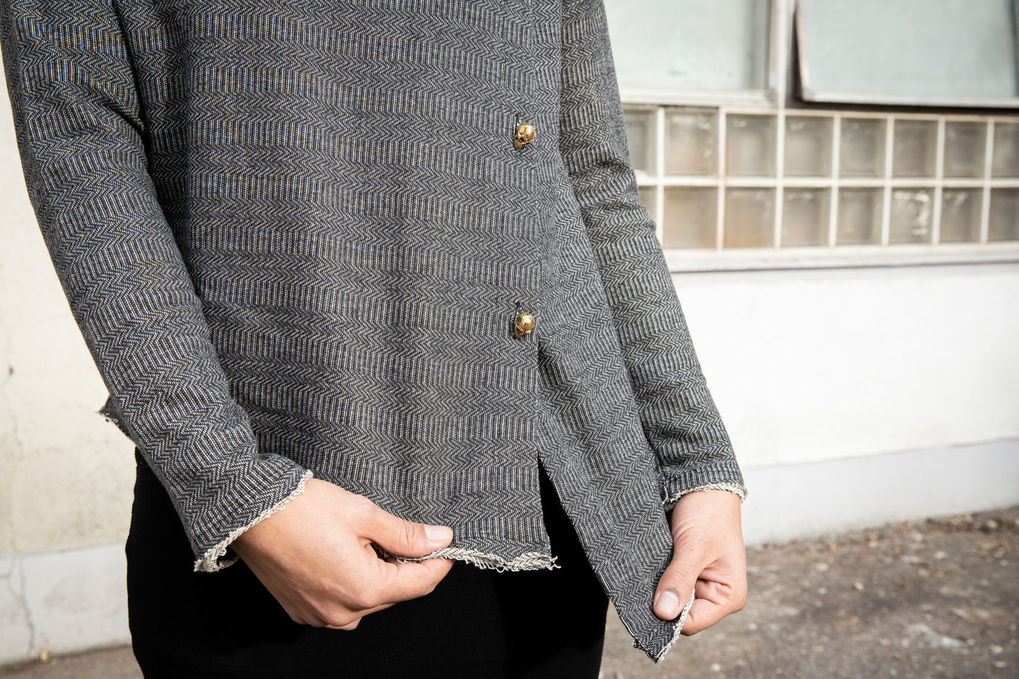 Asymmetric Sweater with Skull Buttons - gray patterned