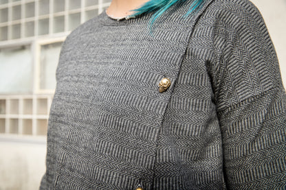 Asymmetric Sweater with Skull Buttons - gray patterned