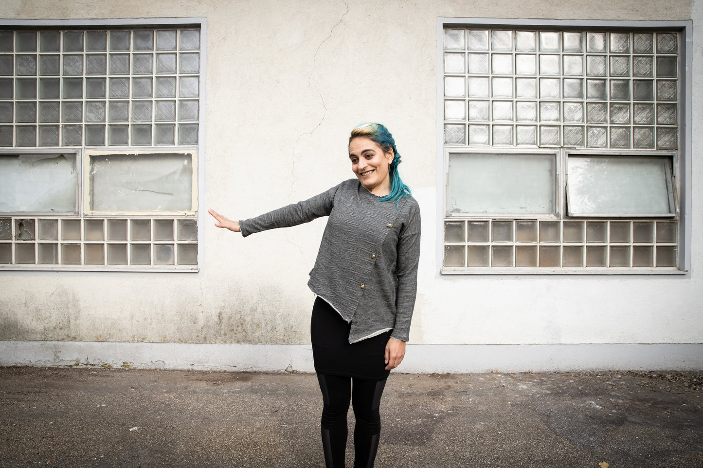 Asymmetric Sweater with Skull Buttons - gray patterned