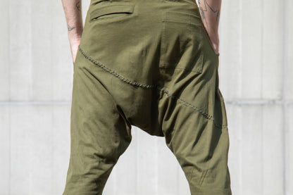 Baggy Pants - Overknee Shorts with Deep Crotch and Seam Structure - olive green