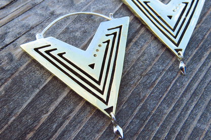 Solid Hoop Earrings with a Cut Out Pattern - Brass and Silver