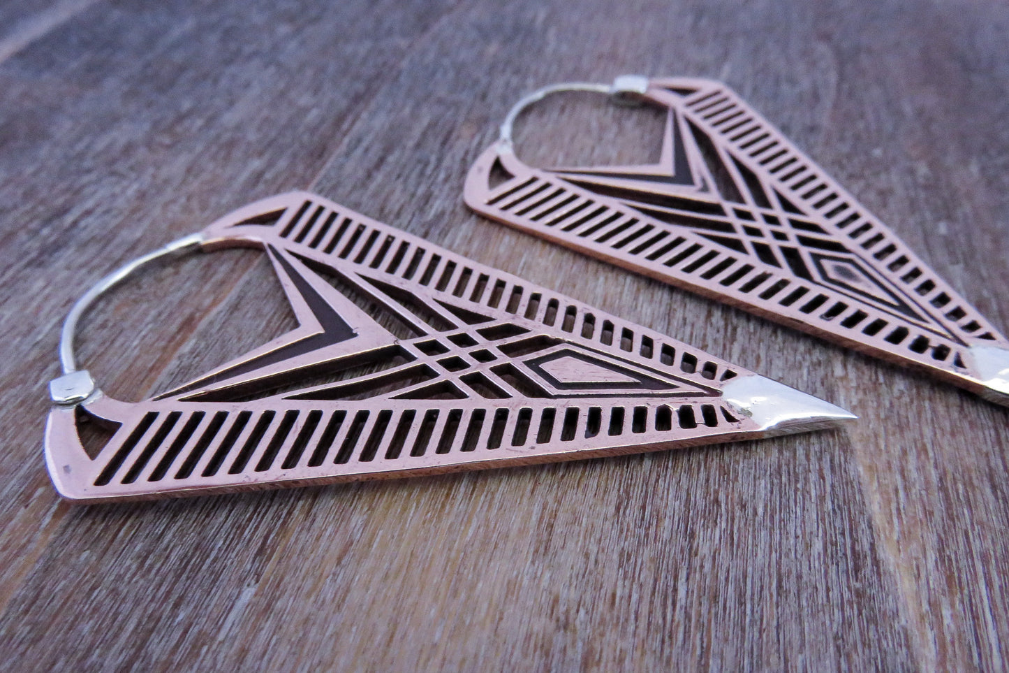 Hoop Earrings with a Geometric Pattern - Copper and Silver