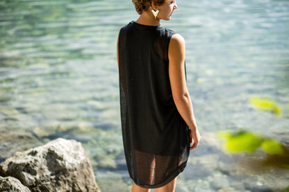 Summer Cardigan - Kimono - Transparent Vest with Artificial Leather - black