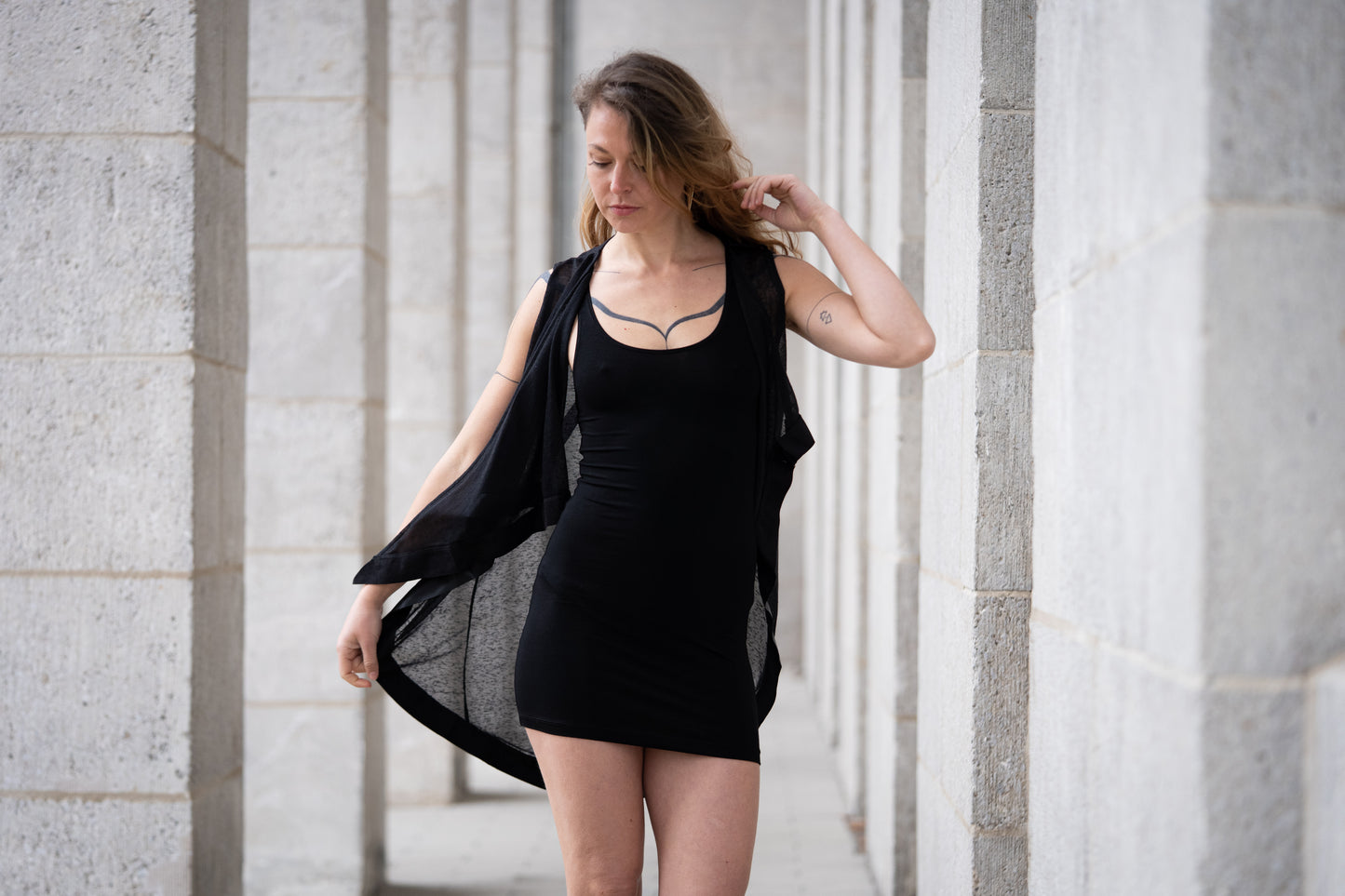 Summer Cardigan - Kimono - Transparent Vest with Artificial Leather - black