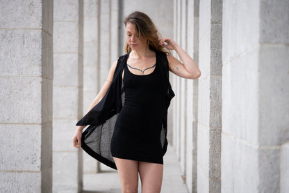 Summer Cardigan - Kimono - Transparent Vest with Artificial Leather - black