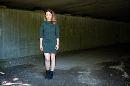 Knitted Dress - Pullover Dress with Three-Quarter Sleeves - dark green mottled