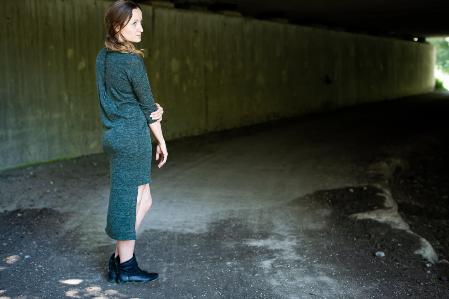 Knitted Dress - Pullover Dress with Three-Quarter Sleeves - dark green mottled