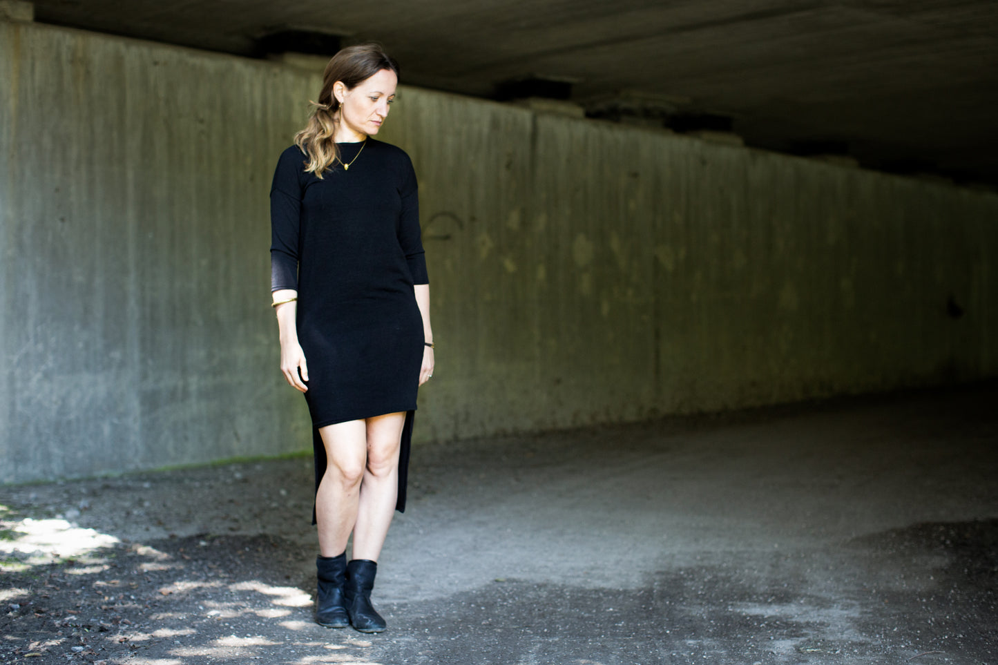 Knitted Dress - Pullover Dress with Three-Quarter Sleeves - black