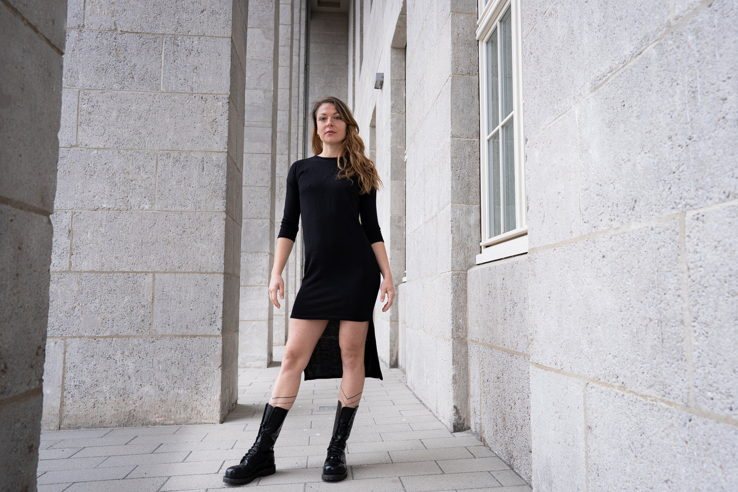 Knitted Dress - Pullover Dress with Three-Quarter Sleeves - black