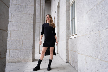 Knitted Dress - Pullover Dress with Three-Quarter Sleeves - black