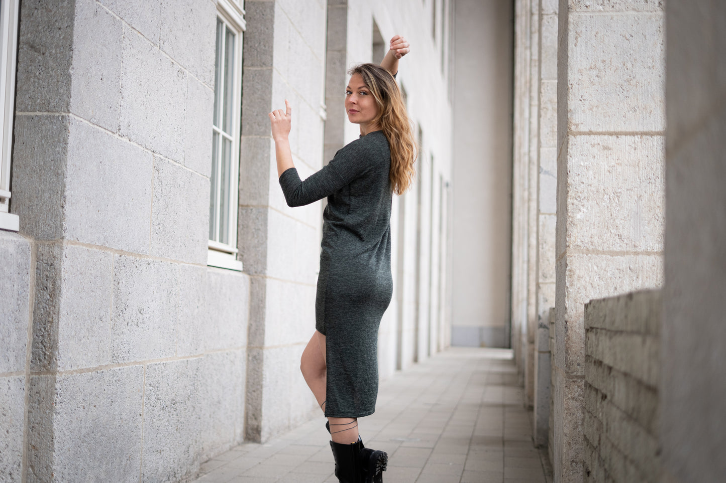 Knitted Dress - Pullover Dress with Three-Quarter Sleeves - dark green mottled