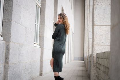 Knitted Dress - Pullover Dress with Three-Quarter Sleeves - dark green mottled