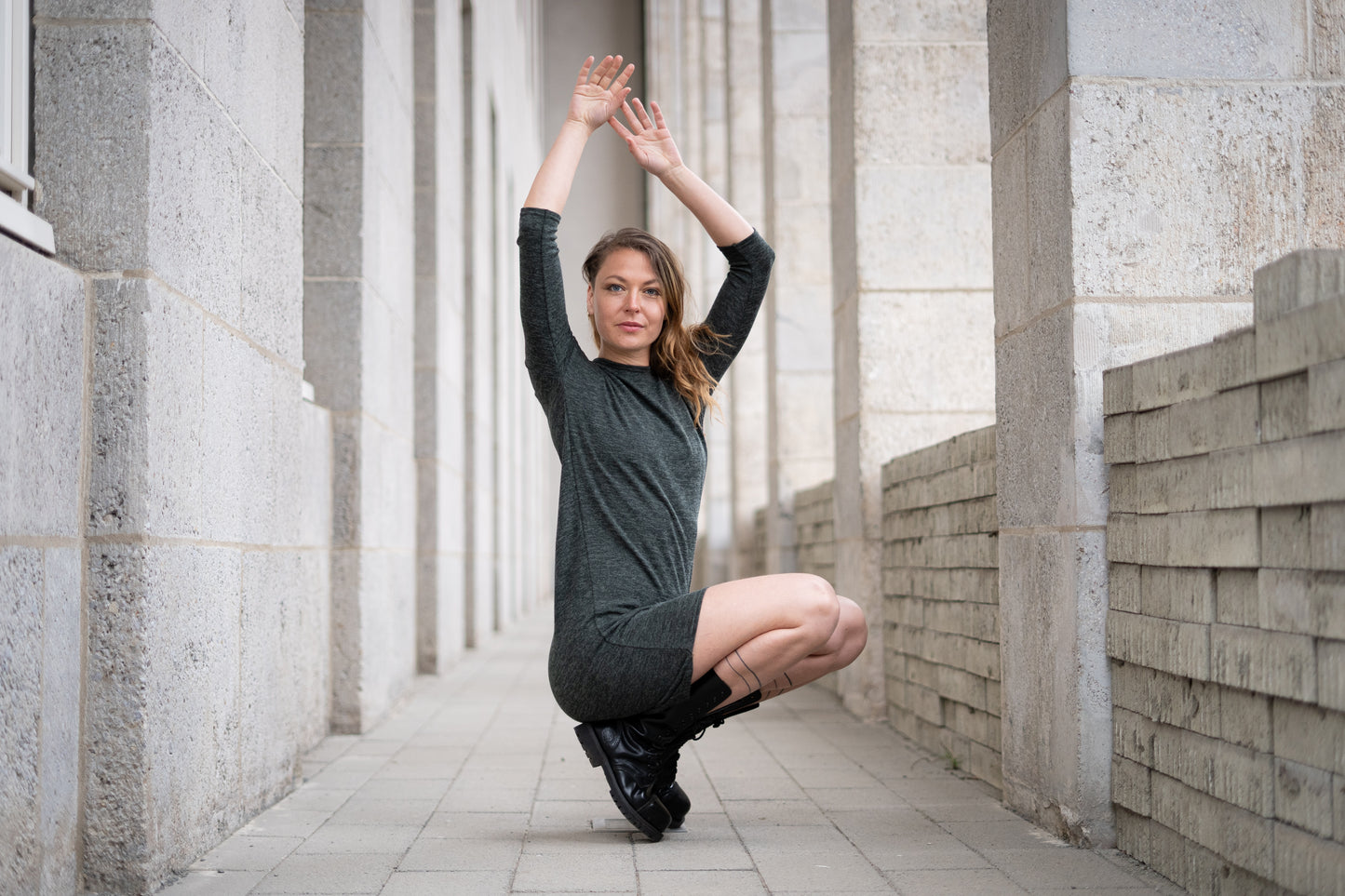 Knitted Dress - Pullover Dress with Three-Quarter Sleeves - dark green mottled