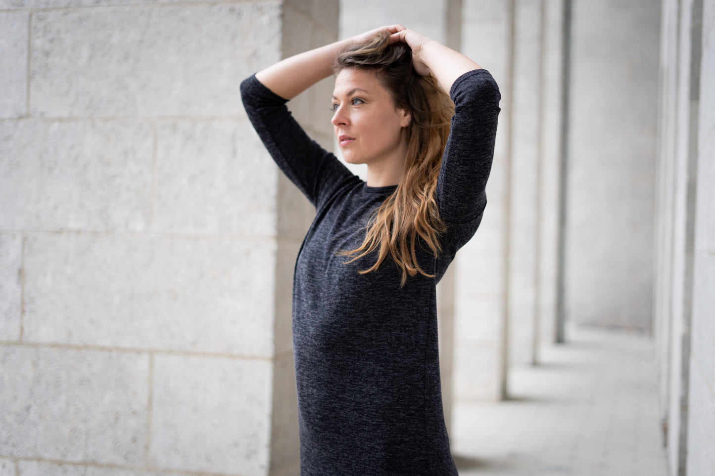 Knitted Dress - Pullover Dress with Three-Quarter Sleeves - dark gray mottled