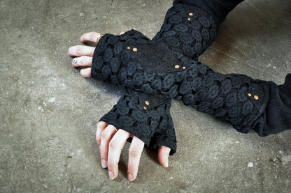 Arm Warmers, Wrist Warmers, Fingerless Gloves with Lace and Rivets - black