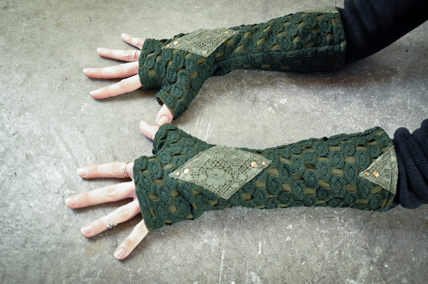 Arm Warmers, Wrist Warmers, Fingerless Gloves with Lace and Rivets - forest green