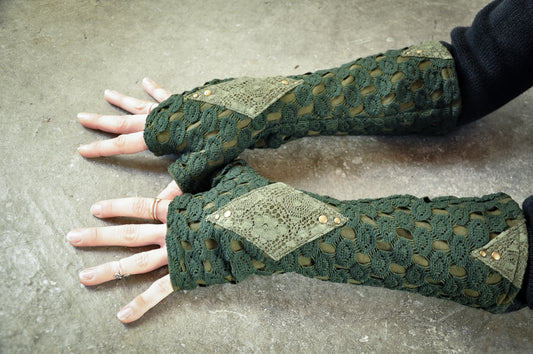 Arm Warmers, Wrist Warmers, Fingerless Gloves with Lace and Rivets - forest green