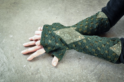 Arm Warmers, Wrist Warmers, Fingerless Gloves with Lace and Rivets - forest green