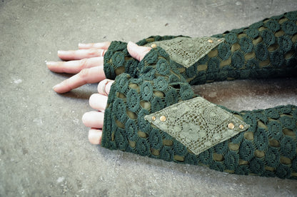 Arm Warmers, Wrist Warmers, Fingerless Gloves with Lace and Rivets - forest green