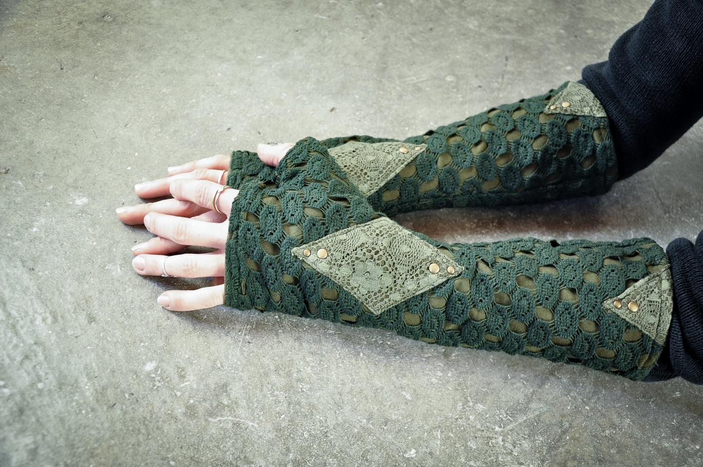 Arm Warmers, Wrist Warmers, Fingerless Gloves with Lace and Rivets - forest green