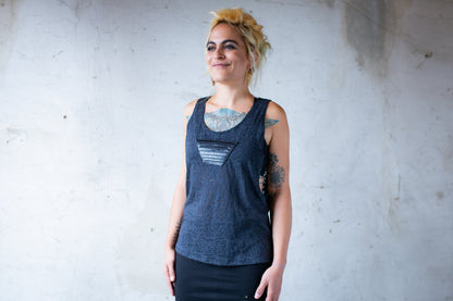 Loose Tank Top - slightly transparent, with artificial leather application - dark blue, petrol patterned