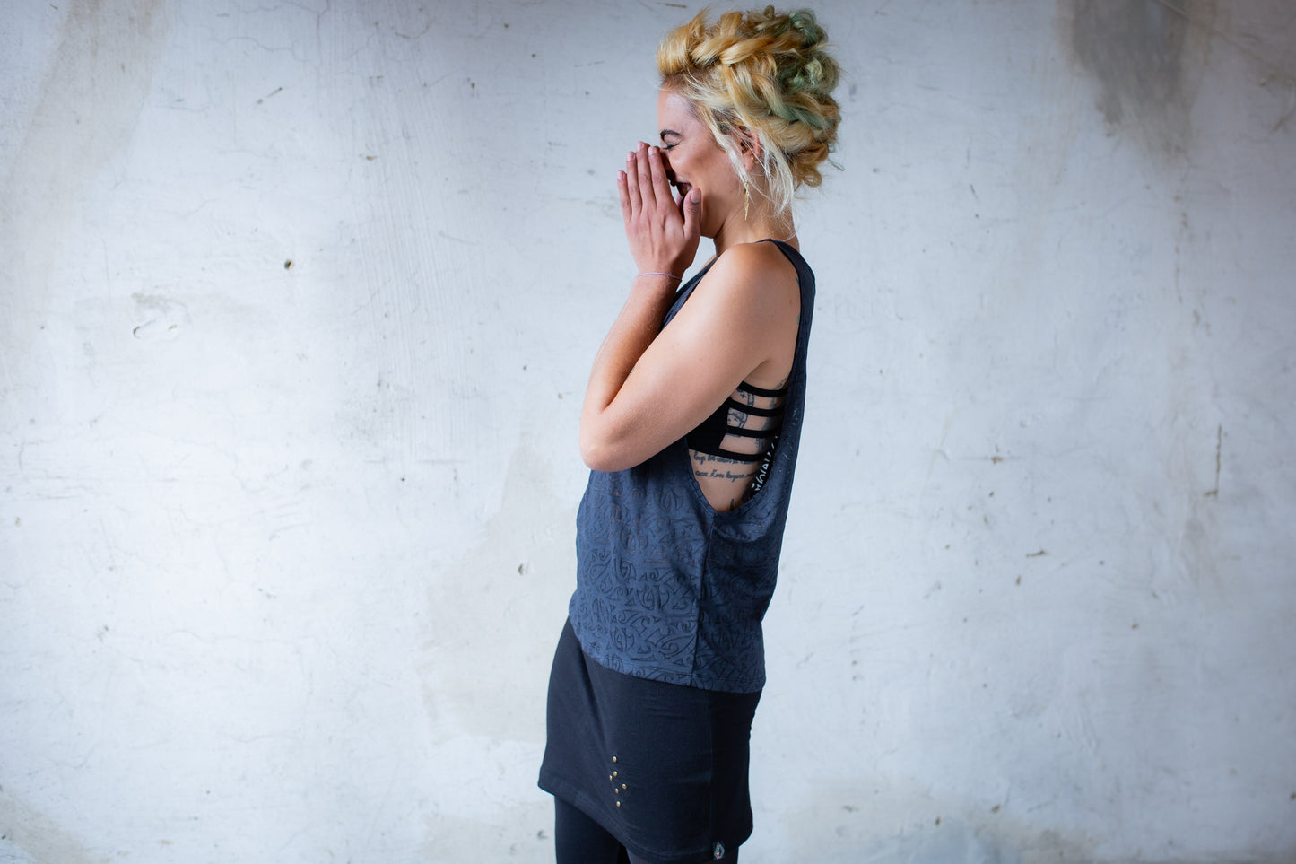 Loose Tank Top - slightly transparent, with artificial leather application - dark blue, petrol patterned