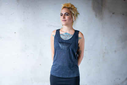 Loose Tank Top - slightly transparent, with artificial leather application - dark blue, petrol patterned