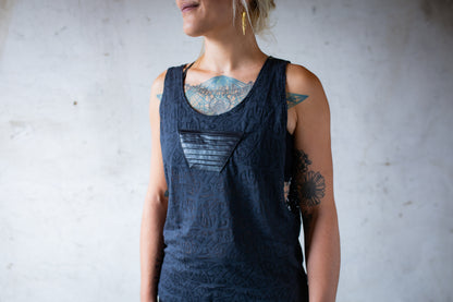 Loose Tank Top - slightly transparent, with artificial leather application - dark blue, petrol patterned