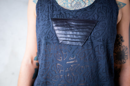 Loose Tank Top - slightly transparent, with artificial leather application - dark blue, petrol patterned