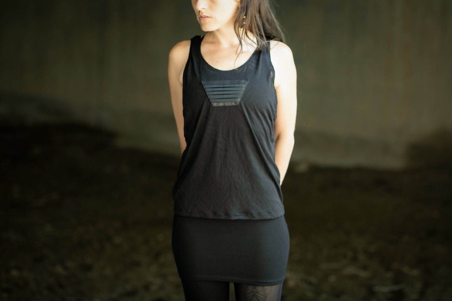 Loose Tank Top - slightly transparent, with artificial leather application - black patterned