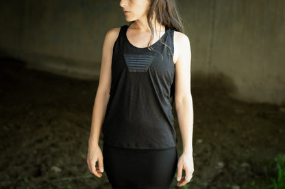 Loose Tank Top - slightly transparent, with artificial leather application - black patterned