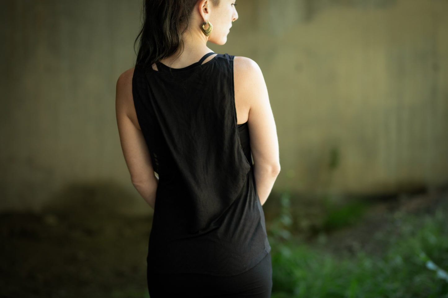 Loose Tank Top - slightly transparent, with artificial leather application - black patterned