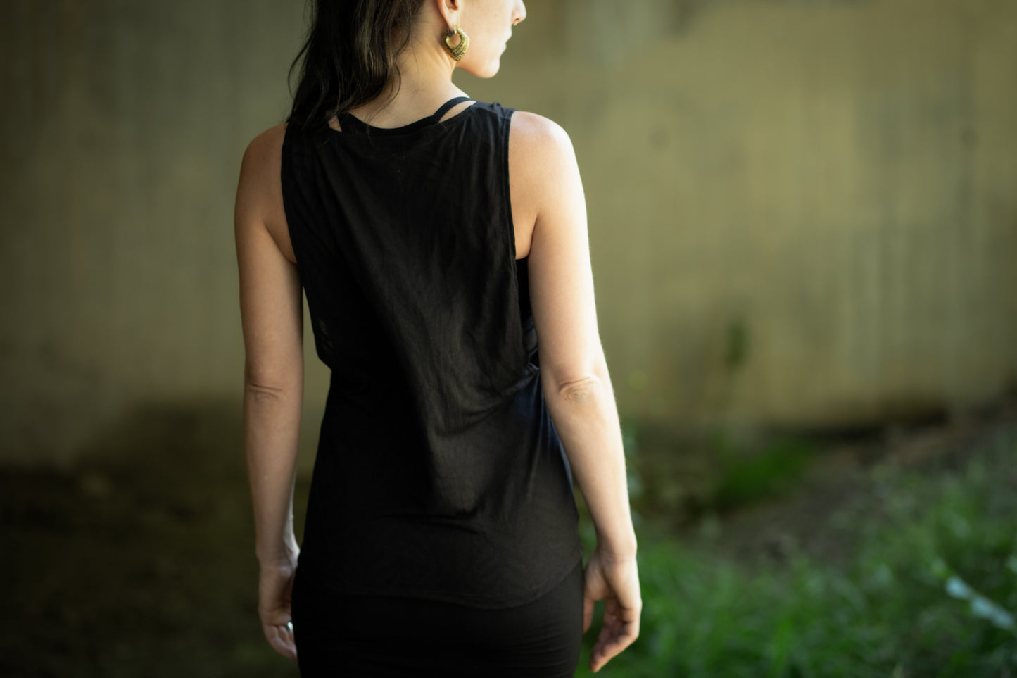 Loose Tank Top - slightly transparent, with artificial leather application - black patterned