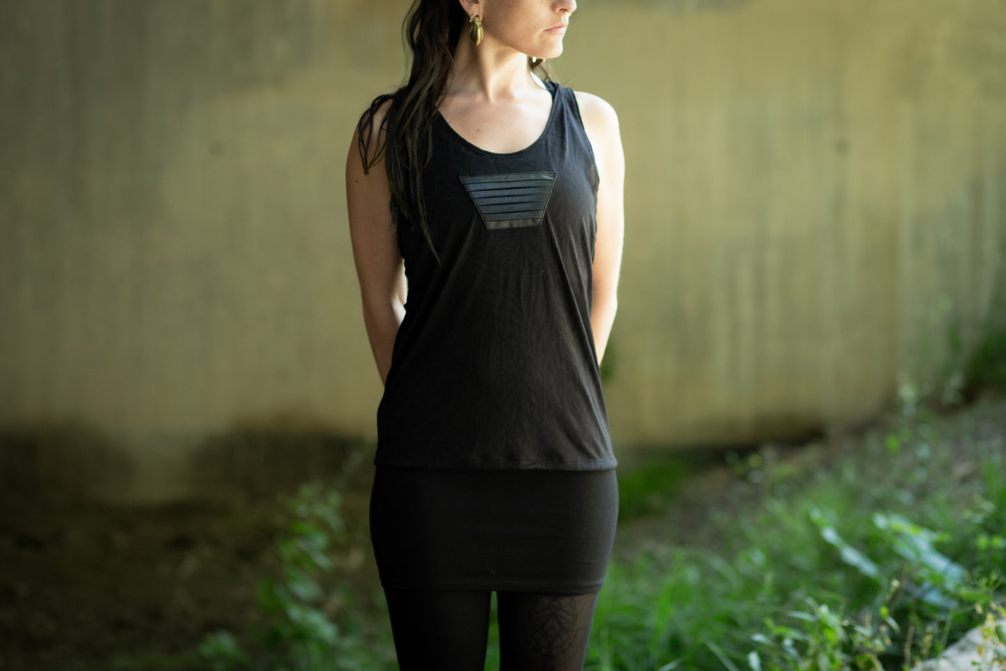 Loose Tank Top - slightly transparent, with artificial leather application - black patterned