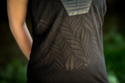 Loose Tank Top - slightly transparent, with artificial leather application - black patterned