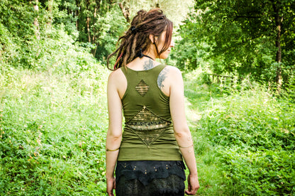 Racerback, Cut-Out Top with Lace and Beads - olive green