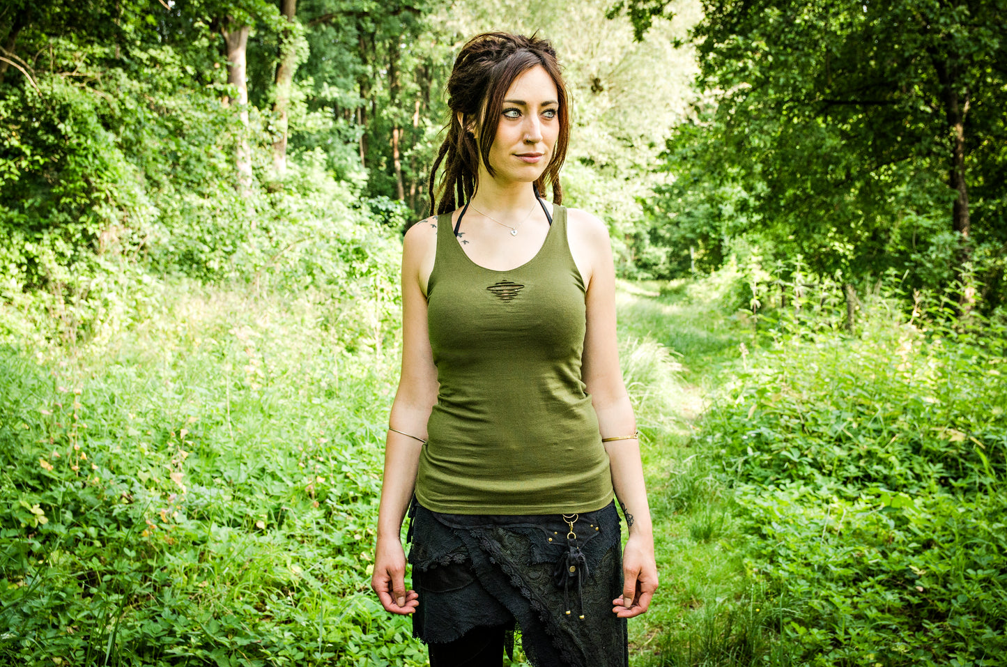 Racerback, Cut-Out Top with Lace and Beads - olive green