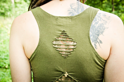 Racerback, Cut-Out Top with Lace and Beads - olive green