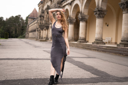 Dress with Beads - asymmetrical - gray