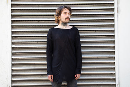 Asymmetric Shirt - Long Sleeve Shirt - Translucent - with Visible Seams - black 