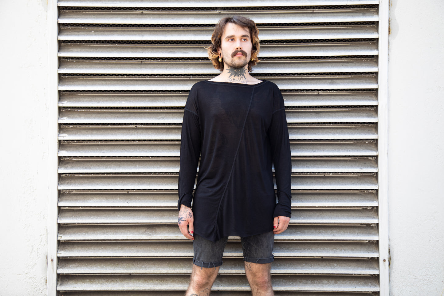 Asymmetric Shirt - Long Sleeve Shirt - Translucent - with Visible Seams - black 