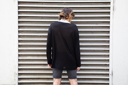 Asymmetric Shirt - Long Sleeve Shirt - Translucent - with Visible Seams - black 