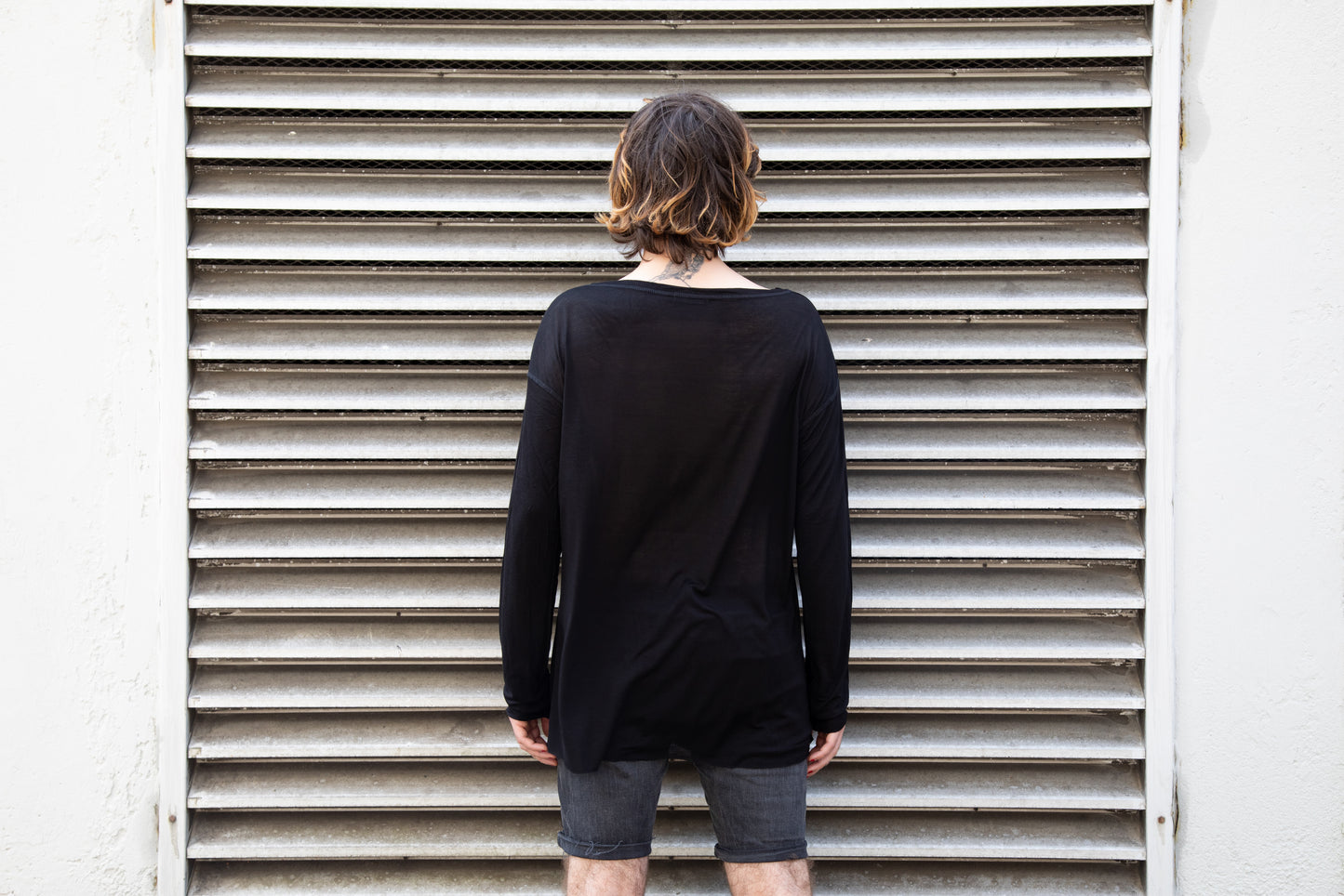 Asymmetric Shirt - Long Sleeve Shirt - Translucent - with Visible Seams - black 