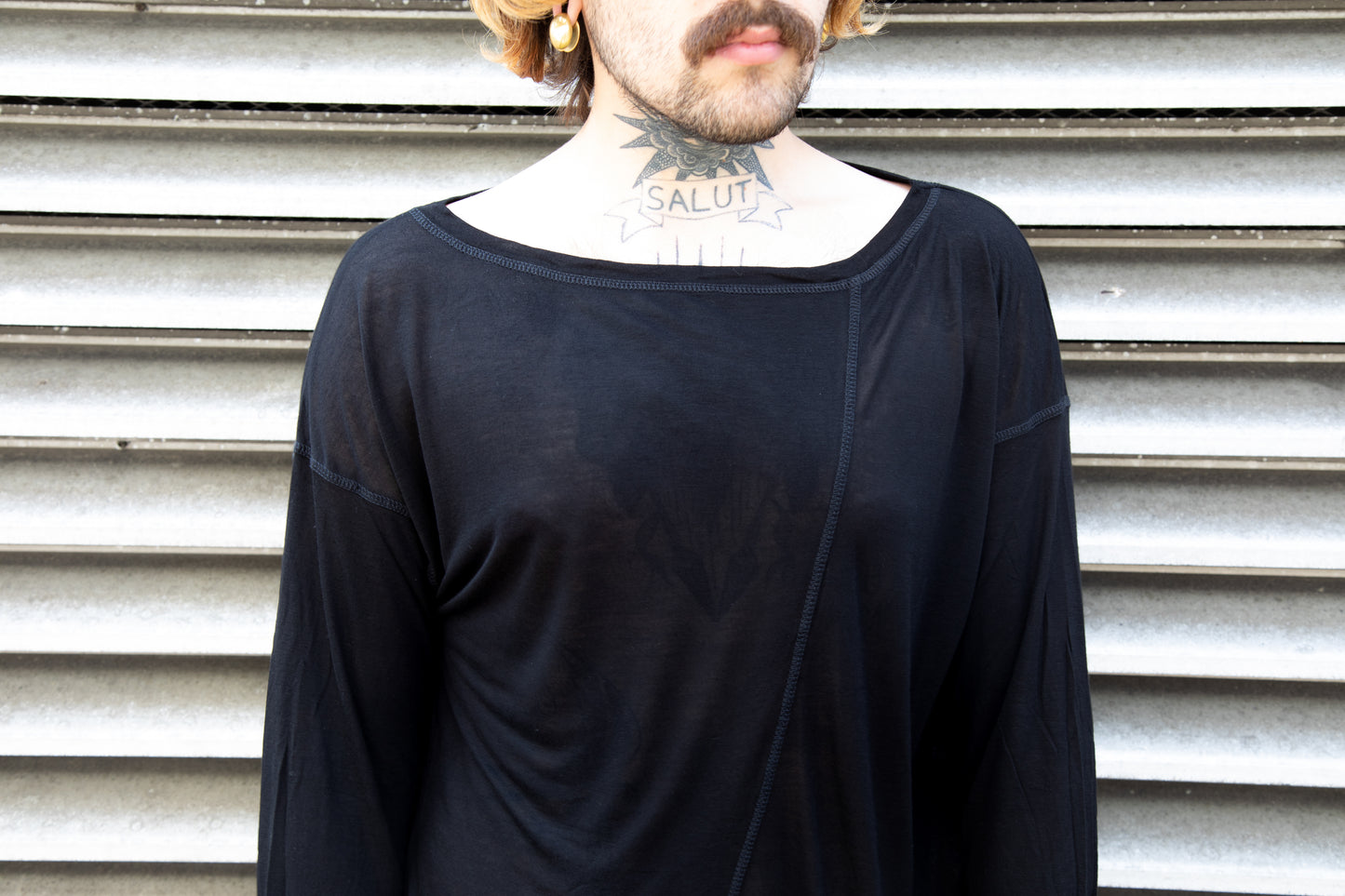 Asymmetric Shirt - Long Sleeve Shirt - Translucent - with Visible Seams - black 