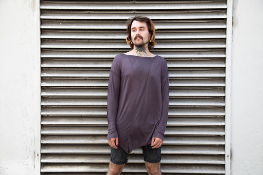 Asymmetric Shirt - Long Sleeve Shirt - Translucent - with Visible Seams - lavender gray 