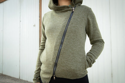 Zipper Jacket with Diagonal Zipper, Thumb Holes and Large Hood - olive green