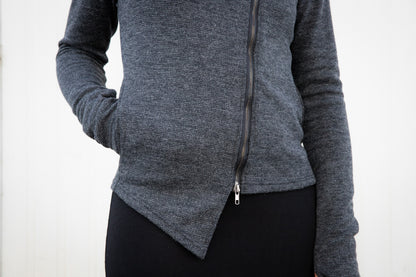 Zipper Jacket with Diagonal Zipper, Thumb Holes and Large Hood - gray